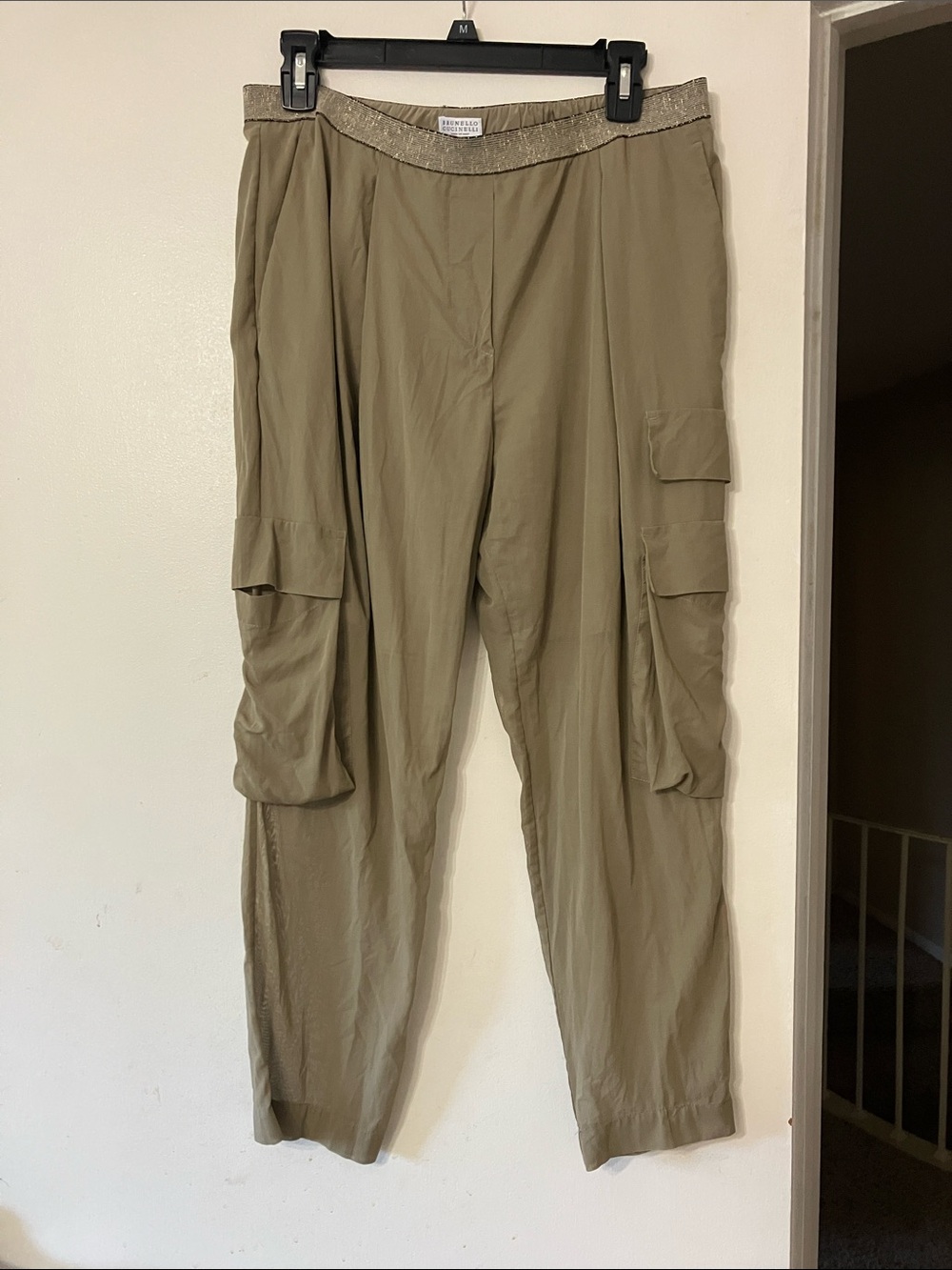 Brunello Cucinelli Silk Olive Cargo Ankle Pants